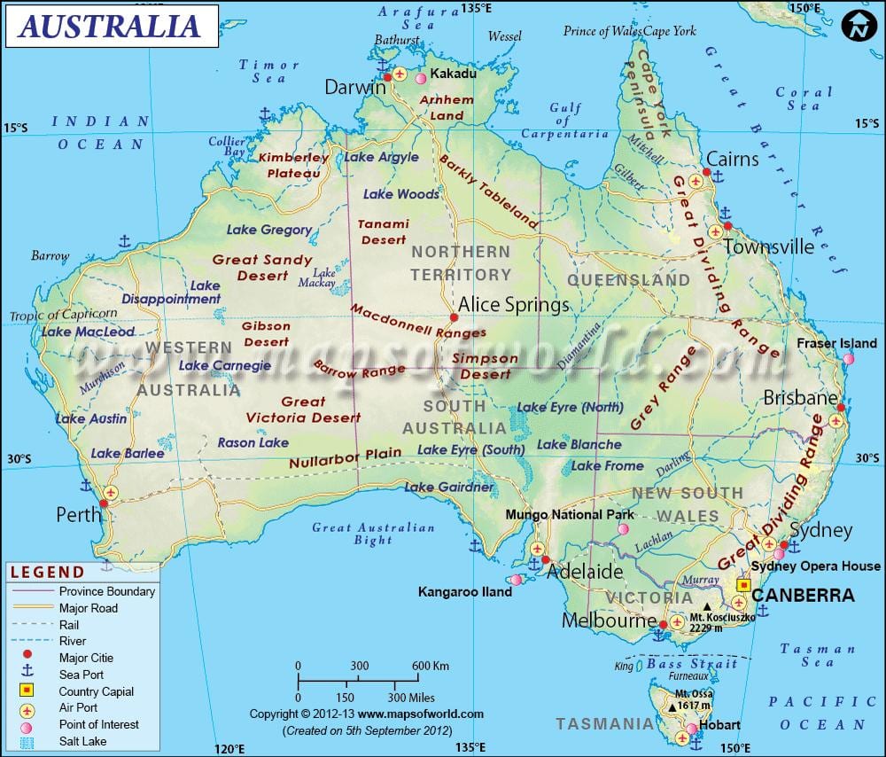 mappa di Australia con capitelli