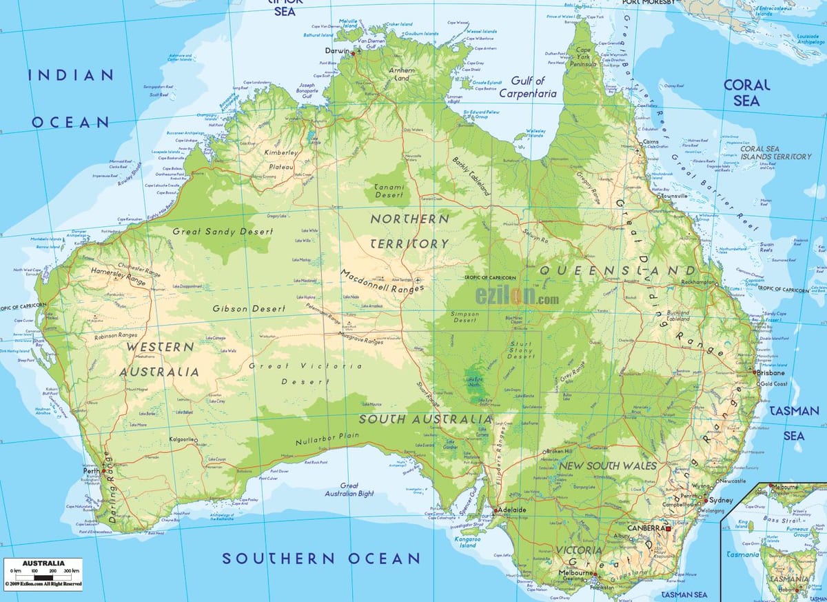 mappa geografica dell'Australia